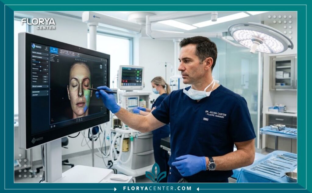 جراح تجميل خبير داخل غرفة عمليات حديثة يخطط بدقة لإجراء عملية إصلاح الأنف بعد عملية سابقة فاشلة.