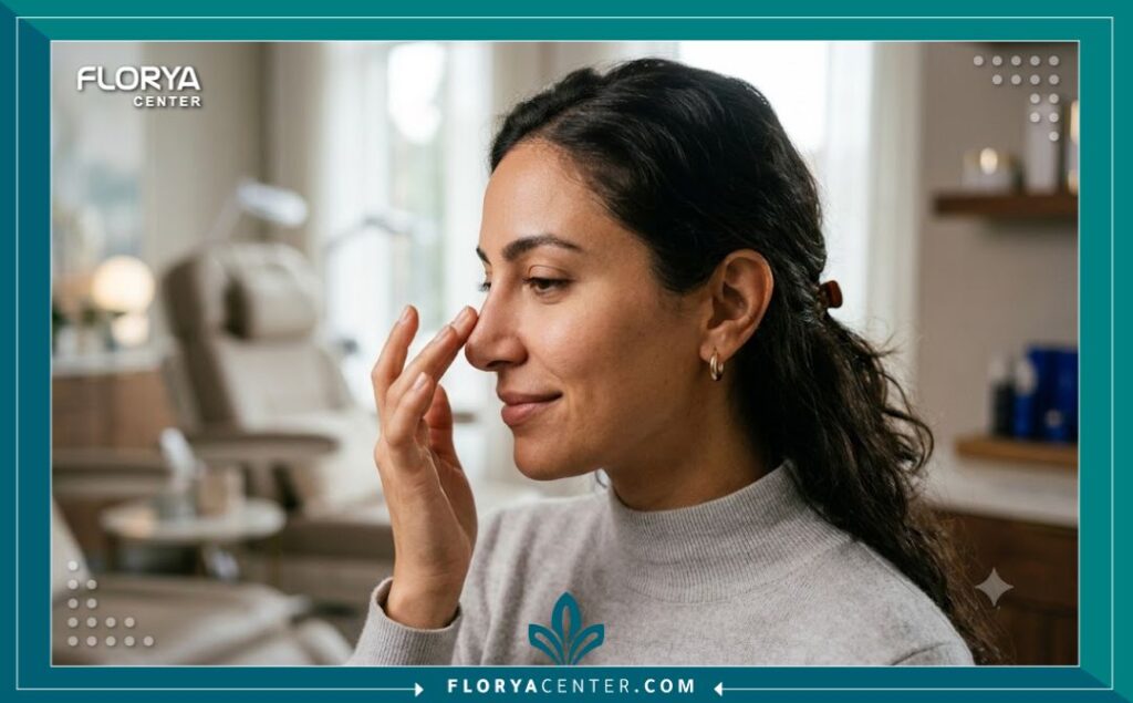 سيدة تلمس أنفها برضا وثقة تامة بعد التخلص من التشوهات بفضل عملية إعادة تجميل الأنف الترميمية.