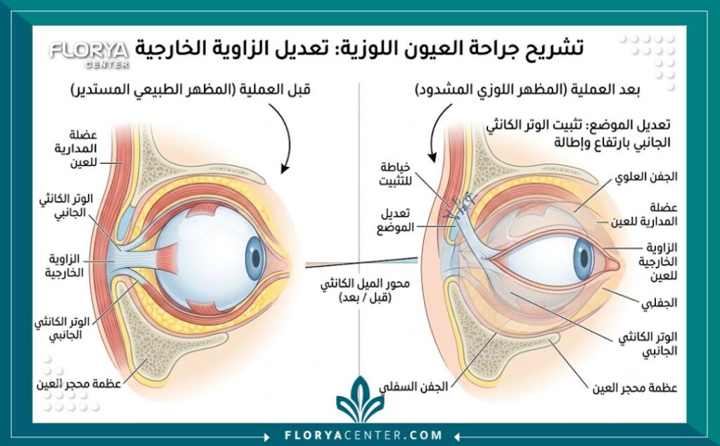 رسم تخطيطي طبي يوضح تشريح العين وكيفية إجراء عملية العيون اللوزية لتغيير شكل الزاوية الخارجية.
