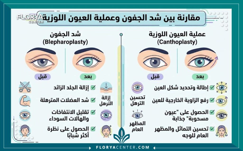 إنفوجرافيك يقارن بين جراحة شد الجفون التقليدية وعملية العيون اللوزية للحصول على عيون مسحوبة.