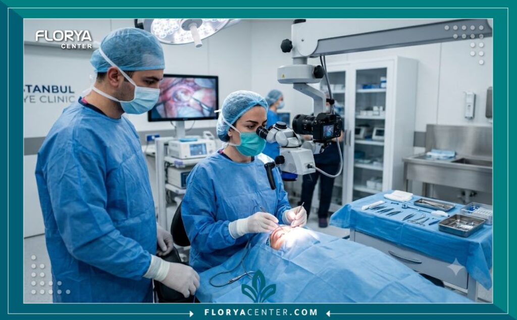 لقطة واقعية من داخل غرفة العمليات في عيادة تجميل متخصصة في اسطنبول أثناء إجراء عملية العيون اللوزية.