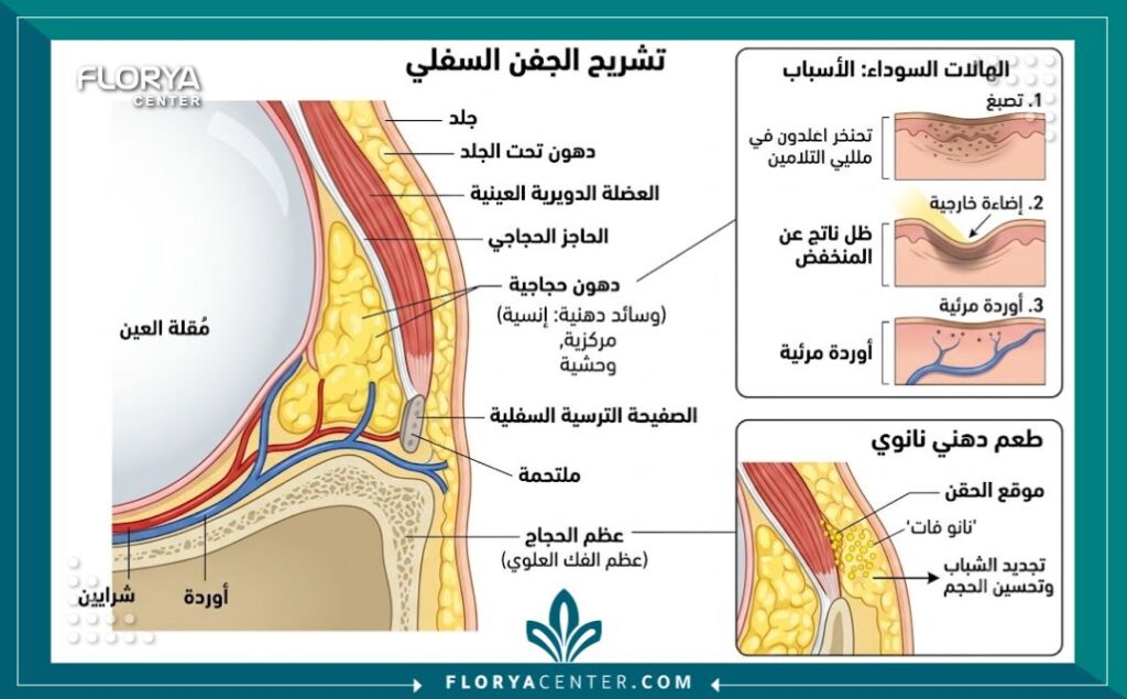 رسم توضيحي طبي تشريحي لمنطقة تحت العين يبين الأنسجة والدهون المسببة للهالات السوداء ومكان حقن الدهون.