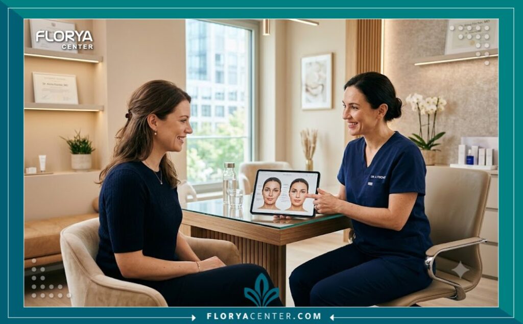 استشارة طبية قبل الخضوع لعملية تجميل العيون وإزالة التبطينة في إحدى عيادات التجميل الفاخرة في تركيا.