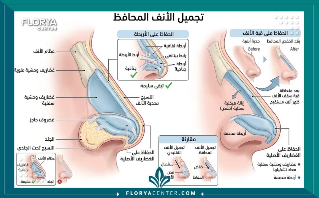 رسم توضيحي طبي يشرح تشريح الأنف وكيفية الحفاظ على الغضاريف والأربطة في تجميل الأنف التحفظي.