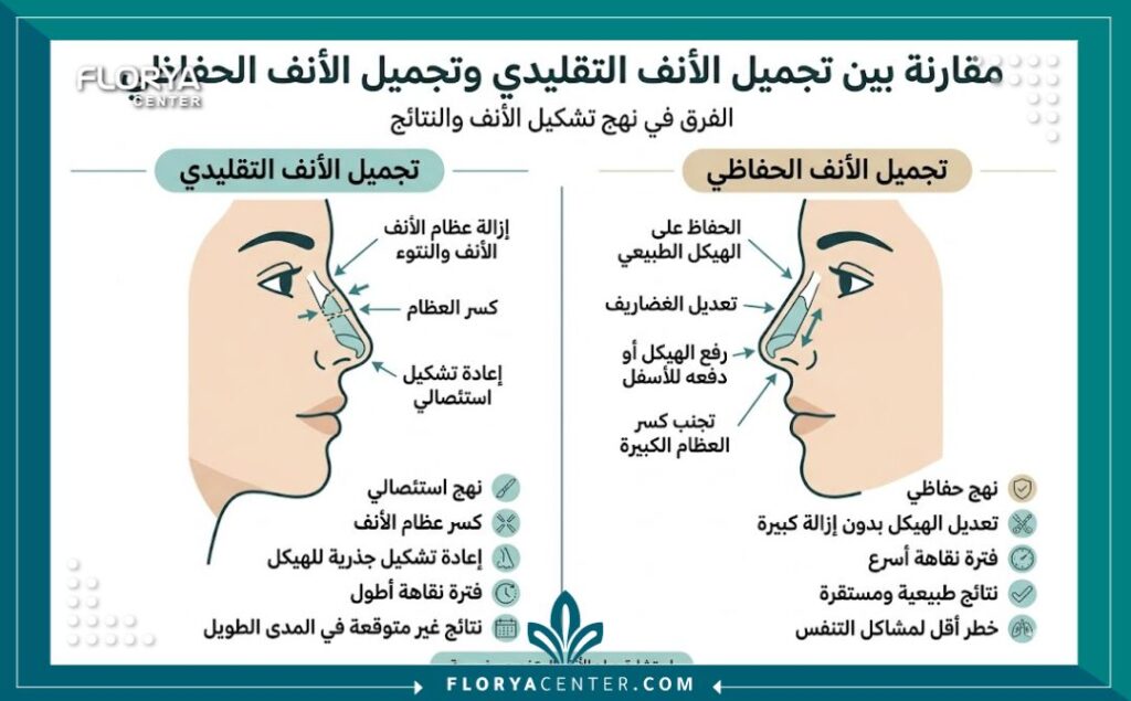 إنفوجرافيك يقارن بين تقنية تجميل الأنف التقليدية وعملية تجميل الأنف التحفظية من حيث النتائج وسرعة التعافي.