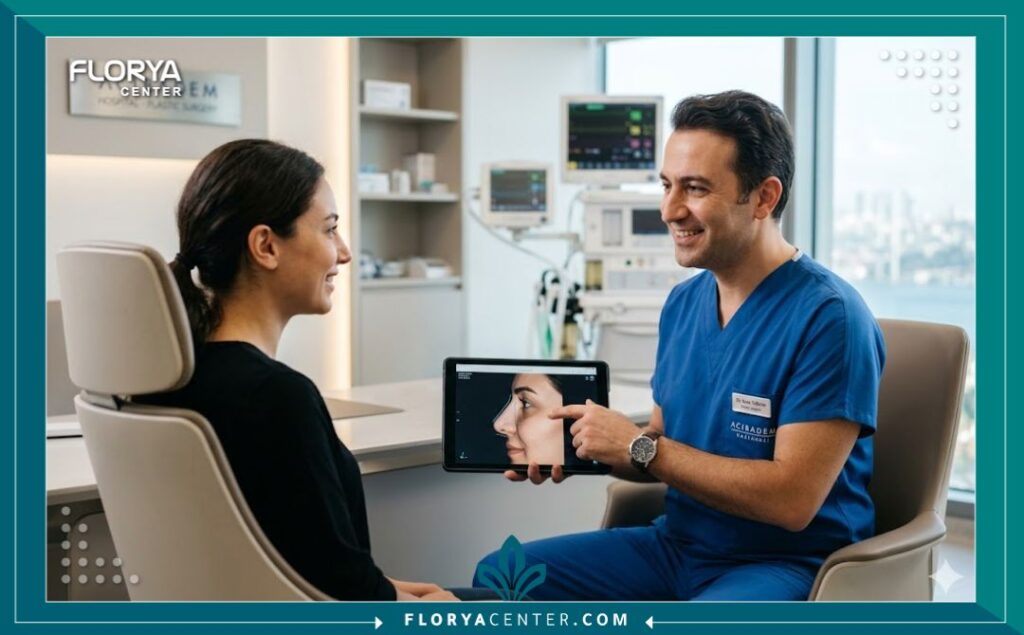 استشارة طبية مع جراح تجميل متخصص في الأنف داخل إحدى أحدث العيادات في تركيا.
