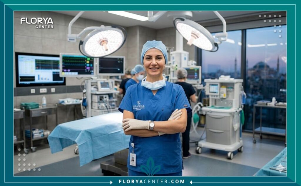 طبيب تجميل متخصص داخل غرفة عمليات مجهزة بأحدث التقنيات في أفضل مستشفيات تركيا لإجراء جراحات تجميل الأنف.
