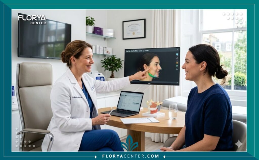جراح تجميل يناقش نتائج عملية تصغير عظمة الأنف البارزة مع مريضة في عيادة طبية حديثة.