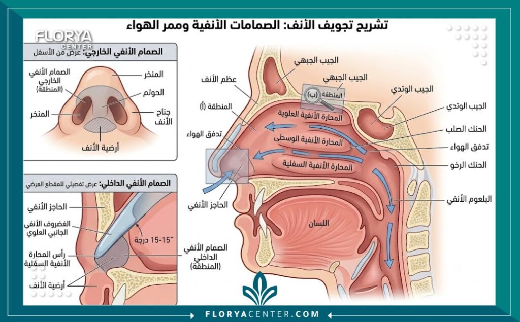 رسم طبي توضيحي لتشريح الأنف الداخلي يوضح موقع صمامات الأنف التنفسية ومجرى الهواء.