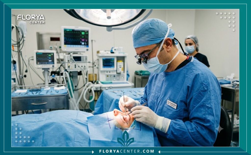 جراح تركي خبير يقوم بعملية سحب العين (Canthoplasty) داخل غرفة عمليات حديثة ومعقمة في إسطنبول.