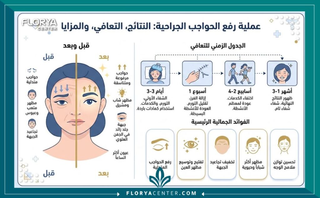 إنفوجرافيك يوضح فوائد عملية شد منطقة ما فوق الحاجب ومقارنة النتائج والجدول الزمني للتعافي.
