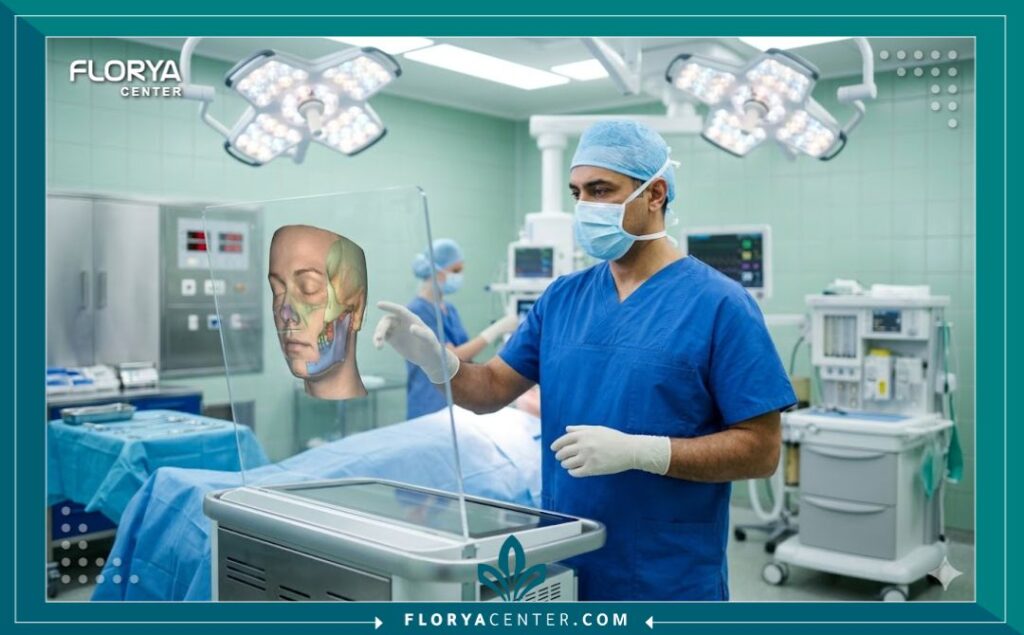 جراح تجميل محترف داخل غرفة عمليات حديثة ومجهزة للتحضير لجراحة شد الجبهة ورفع الحاجب.