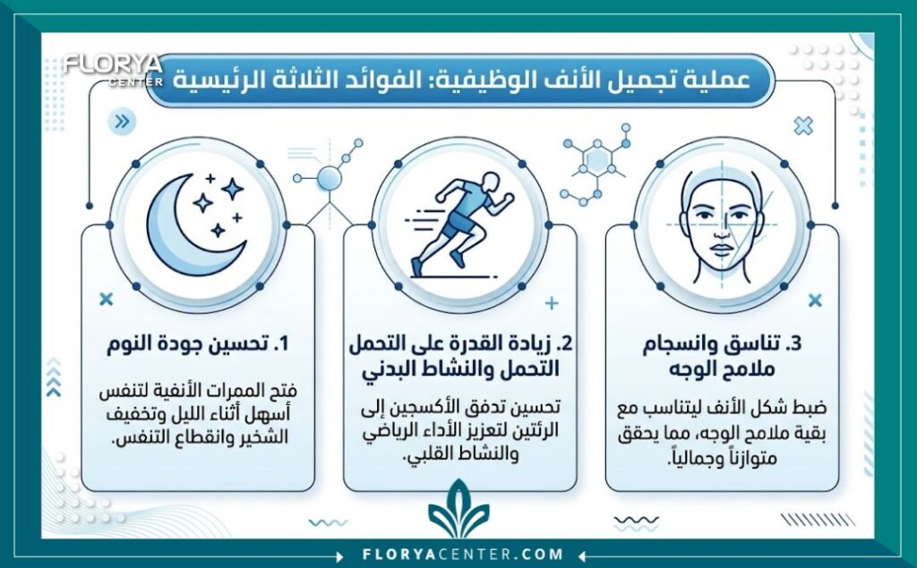 إنفوجرافيك يوضح فوائد عملية تجميل الأنف الوظيفية وتشمل تحسين التنفس، نوم أفضل، وأداء رياضي أعلى.