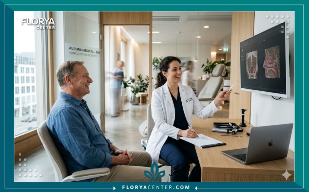 استشارة طبية مع جراح متخصص قبل إجراء عملية تجميل الأنف الوظيفية في عيادة مجهزة بأحدث التقنيات.