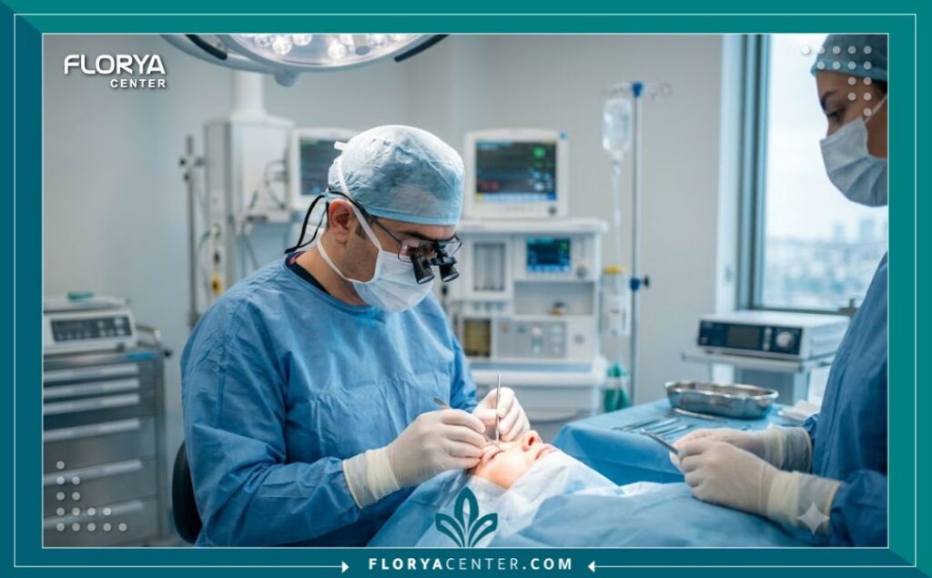  جراح تجميل تركي يقوم بإجراء عملية قص الجفون بدقة داخل غرفة عمليات معقمة وحديثة في مستشفى باسطنبول.
