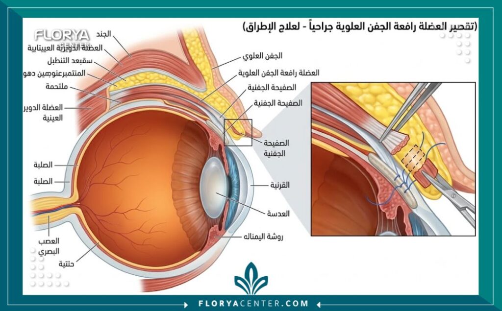 رسم توضيحي طبي لتركيب العين يوضح تشريح العضلة الرافعة للجفن العلوي وآلية جراحة قص العضلة لعلاج الارتخاء الشديد.