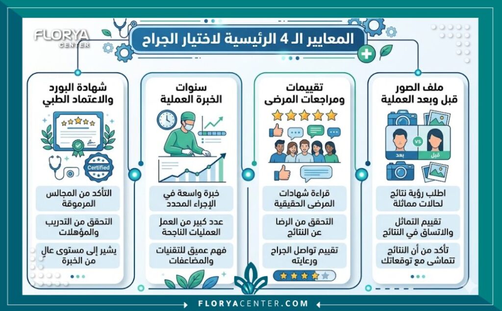 إنفوجرافيك يوضح معايير كيف أختار جراح الأنف المناسب؟ شهادة البورد، الخبرة، تقييمات المرضى، وسجل العمليات السابقة.