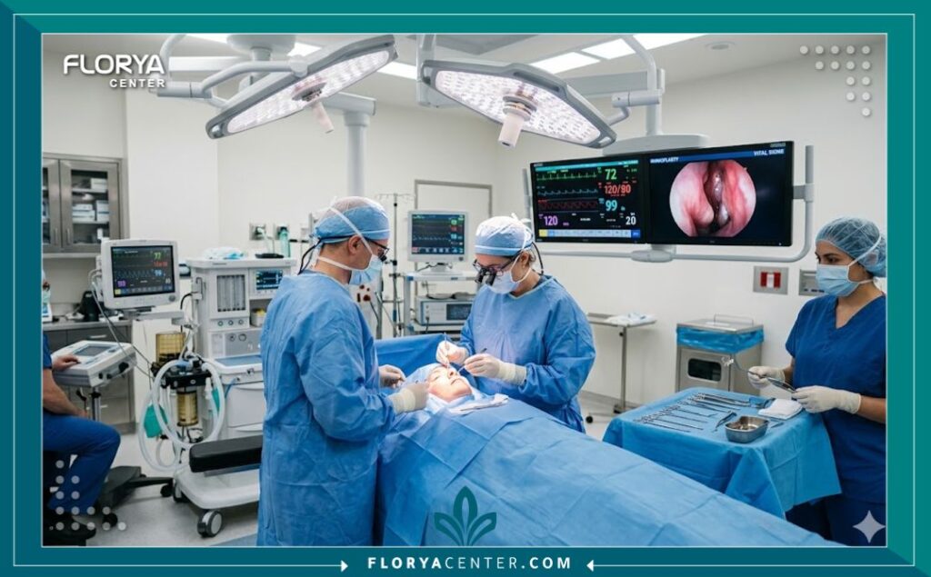 غرفة عمليات مجهزة بأحدث التقنيات الطبية ومعدات التجميل في مستشفى معتمد، بيئة جراحية آمنة وموثوقة.