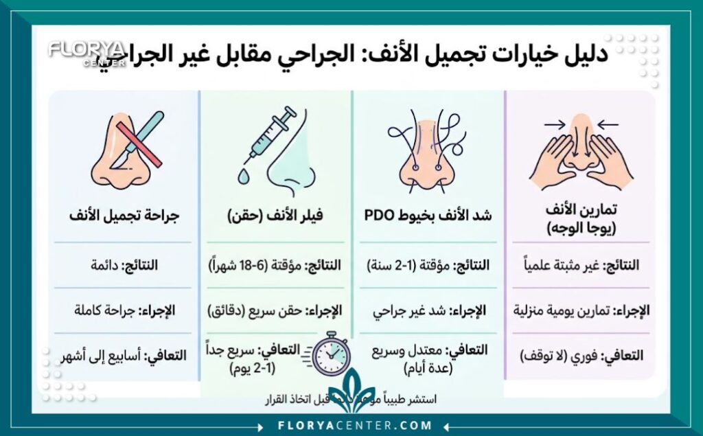 إنفوجرافيك يقارن بين عملية تجميل الأنف التقليدية والبدائل غير الجراحية مثل الفيلر والخيوط التجميلية من حيث النتائج وفترة التعافي.