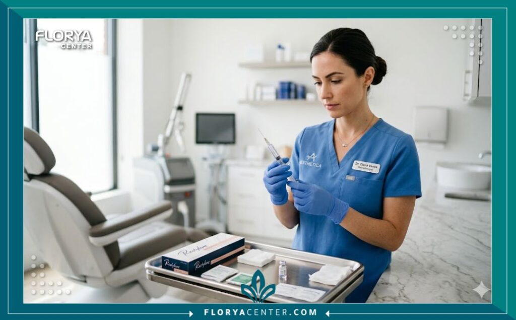 طبيبة تجميل متخصصة داخل عيادة مجهزة تجهز إبرة الفيلر لإجراء تجميل الأنف بدون جراحة بأمان واحترافية.