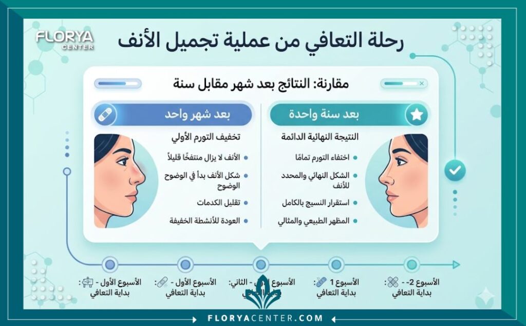 إنفوجرافيك الجدول الزمني للتعافي يوضح متى تظهر نتائج تجميل الأنف من الشهر الأول حتى النتيجة النهائية بعد سنة.