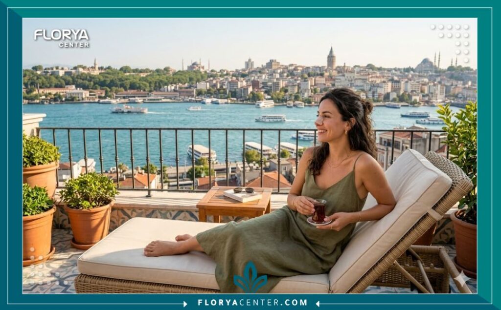 السياحة العلاجية في تركيا، مريضة تستمتع بفترة النقاهة في إسطنبول بانتظار نتائج عملية تجميل الأنف.