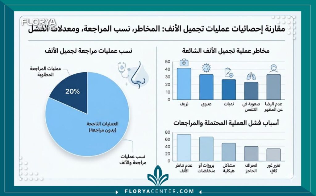 مخاطر عمليات تجميل الأنف 3 إنفوجرافيك طبي دقيق يوضح إحصائيات احتمالات الفشل، نسبة حدوث النزيف، ومشاكل التنفس ضمن أضرار ومخاطر عمليات تجميل الأنف.
