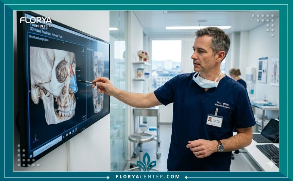 مخاطر عمليات تجميل الأنف 4 جراح تجميل متخصص يحلل الأشعة المقطعية للأنف في عيادة مجهزة، لتقييم وتقليل مخاطر عمليات تجميل الأنف قبل اتخاذ القرار.