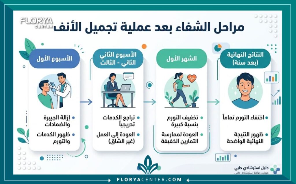إنفوجرافيك يوضح الجدول الزمني لـ مدة الشفاء من عملية تجميل الأنف وموعد العودة للحياة الاجتماعية.