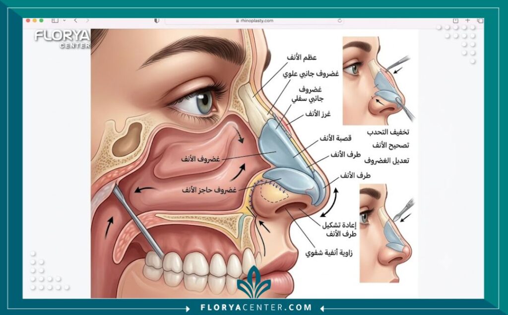 رسم توضيحي طبي دقيق يشرح تشريح الأنف وخطوات تعديل الغضاريف في عملية تجميل الأنف.