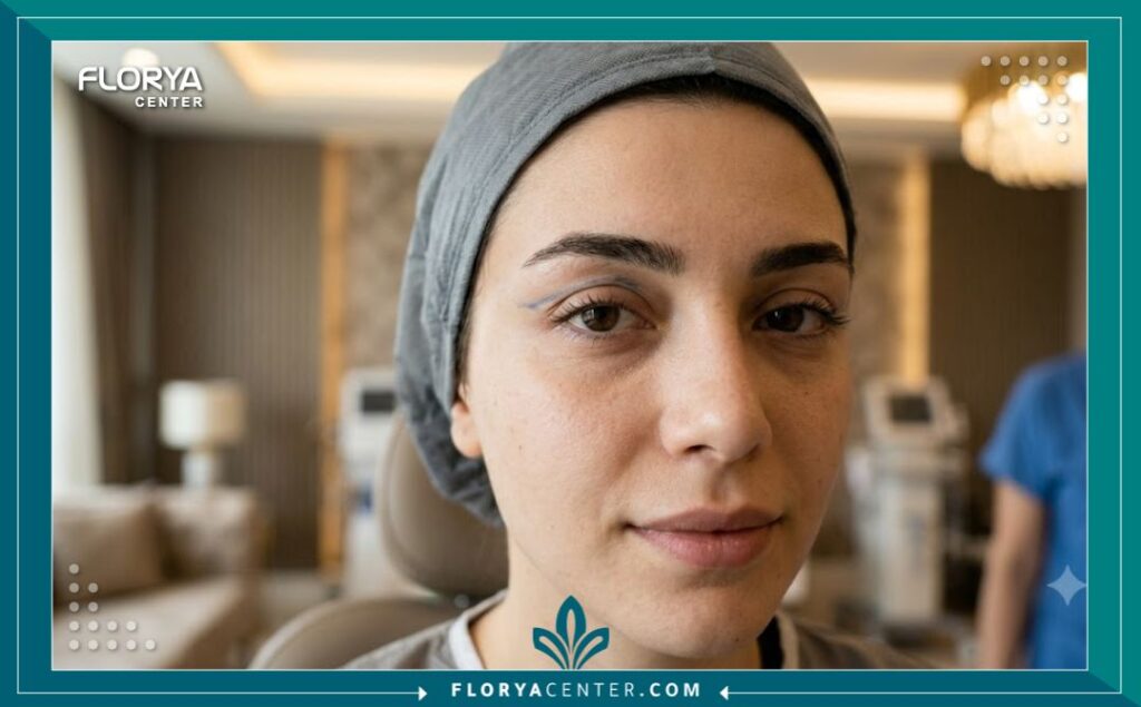 صورة مقربة جمالية تركز على منطقة الجفون لعارضة تستعد لعملية تجميل العيون في عيادة تركية فاخرة.