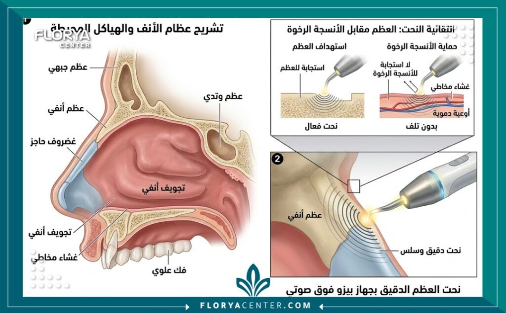 رسم توضيحي طبي دقيق يشرح آلية عمل جهاز البيزو في نحت الأنف بالموجات الصوتية المتقدمة دون الإضرار بالأنسجة الرقيقة.