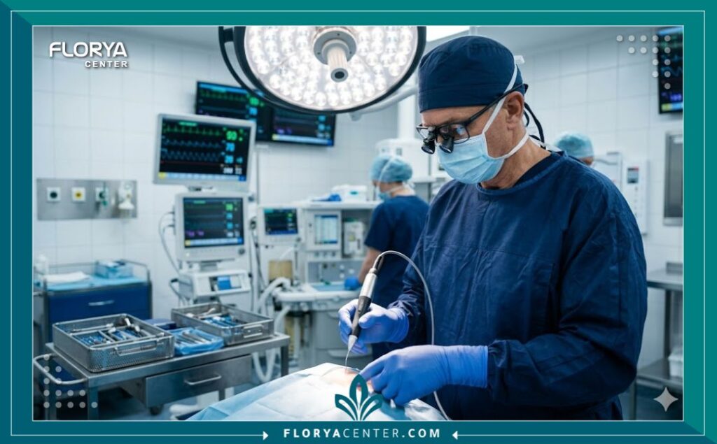 غرفة عمليات حديثة ومجهزة بأحدث التقنيات الجراحية مع طبيب خبير يستخدم جهاز نحت الأنف بالموجات الصوتية المتقدمة.