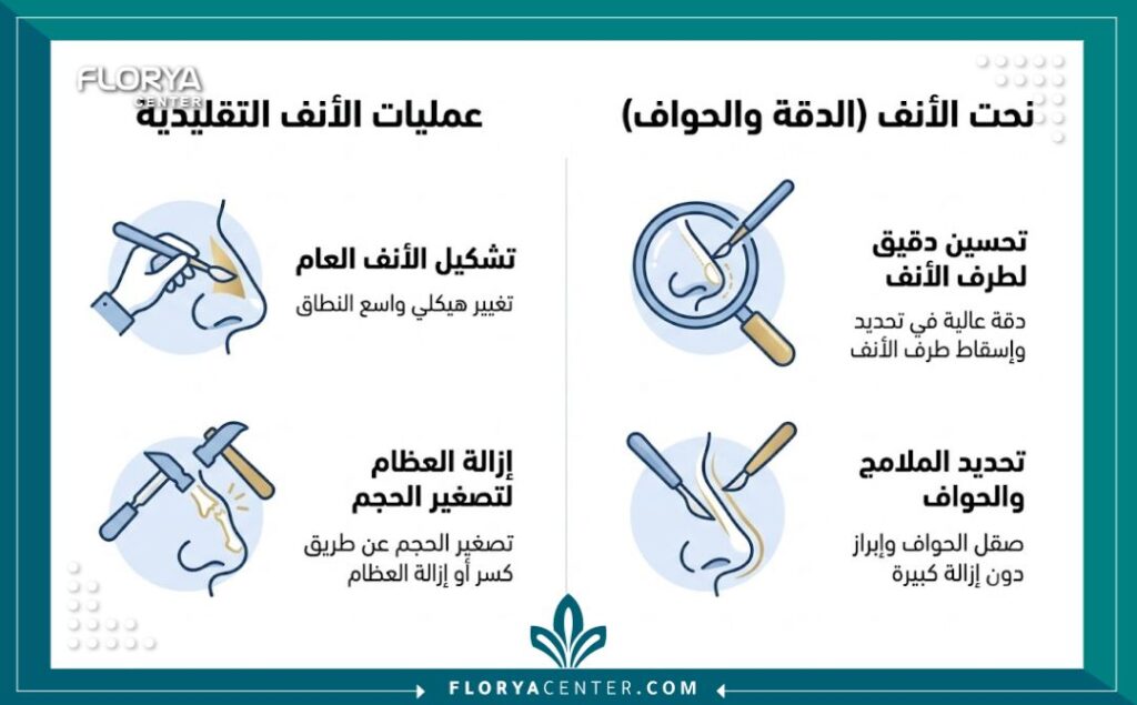 نحت الأنف في تركيا 3 إنفوجرافيك يوضح الفرق بين عمليات تجميل الأنف التقليدية وتقنية نحت الأنف في تركيا من حيث الدقة ورسم الحواف.