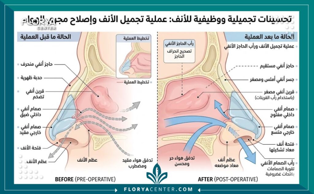 رسم توضيحي طبي لتشريح الأنف يوضح التعديلات الهيكلية وكيفية تحسين التنفس والشكل في جراحة الأنف.