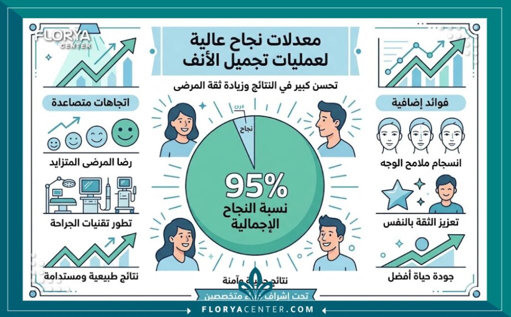إنفوجرافيك طبي يوضح الإحصائيات المطمئنة وارتفاع نسبة نجاح عمليات تجميل الأنف عالمياً.