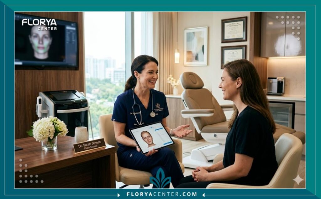 طبيب جراحة تجميل يبتسم ويطمئن مريضة داخل عيادة طبية حديثة ومجهزة بأحدث التقنيات لضمان نجاح الجراحة.