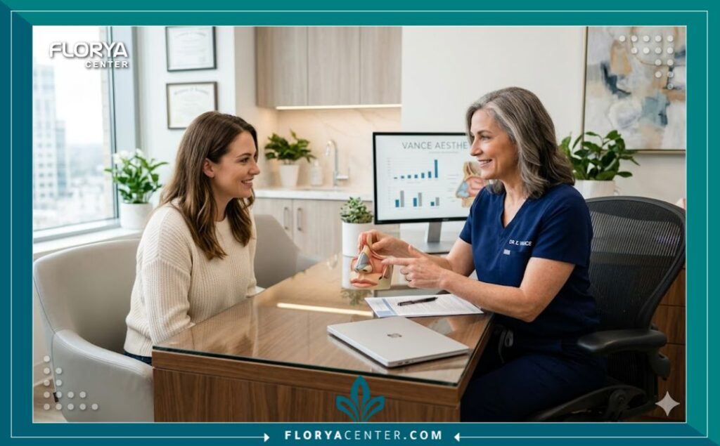 هل تؤثر عملية الأنف على حاسة الشم؟ 4 جراح تجميل يشرح لمريضة تفاصيل عملية الأنف وتأثيرها على حاسة الشم داخل عيادة حديثة ومعقمة.