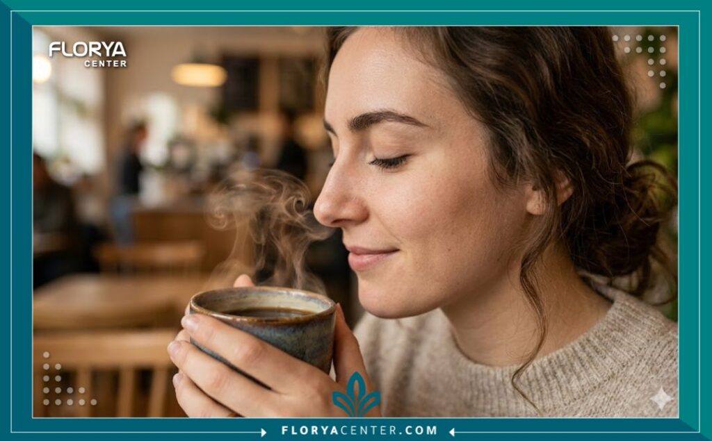 هل تؤثر عملية الأنف على حاسة الشم؟ 5 صورة مقربة لامرأة ذات أنف متناسق بعد التجميل تستمتع باستنشاق رائحة القهوة لبيان سلامة حاسة الشم.