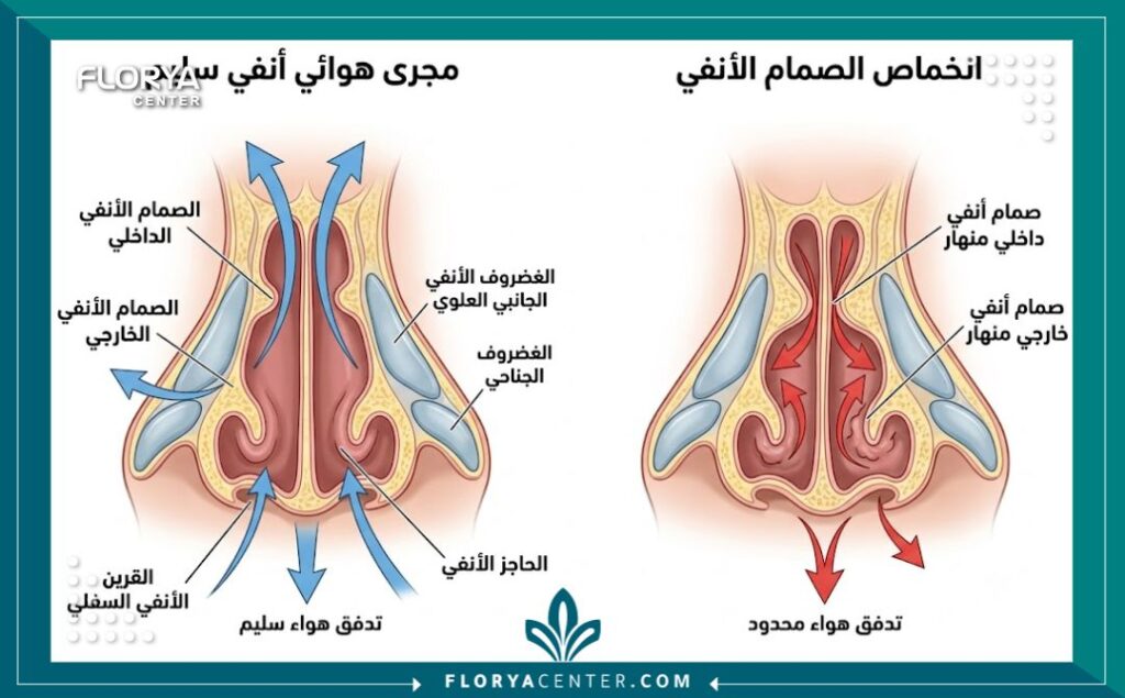 رسم طبي توضيحي يشرح تشريح الصمامات الأنفية ومجرى الهواء لتوضيح هل عملية تجميل الأنف تسبب ضيق التنفس؟.