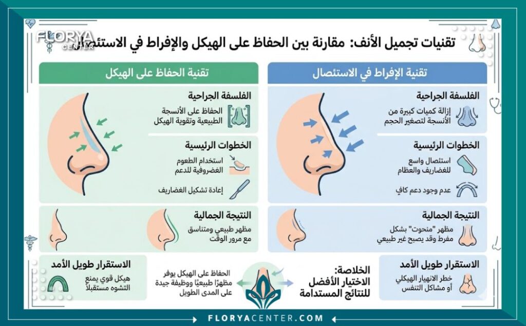 إنفوجرافيك يقارن بين تقنيات تجميل الأنف الآمنة والأخطاء الطبية التي تؤدي إلى انهيار الصمام الأنفي.