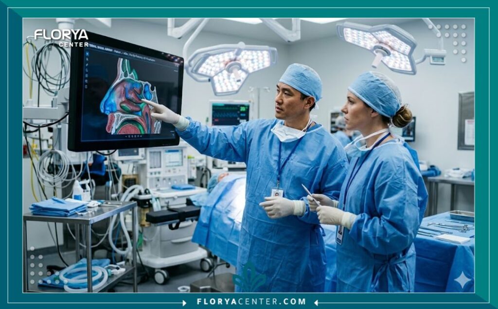 أطباء جراحة تجميل محترفون يراجعون تخطيط مجرى التنفس لتجنب مضاعفات تجميل الأنف.