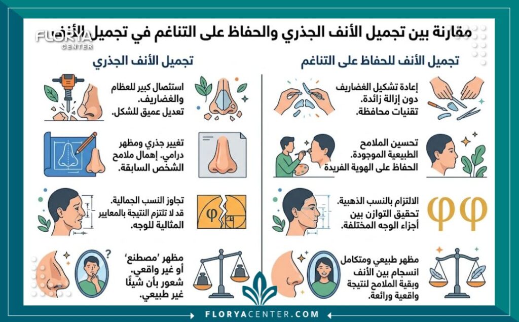 هل عملية تجميل الأنف تغير الملامح؟ 3 إنفوجرافيك يوضح الفرق بين تجميل الأنف المبالغ فيه والتجميل الطبيعي المتناسق الذي يحافظ على شكل الوجه.