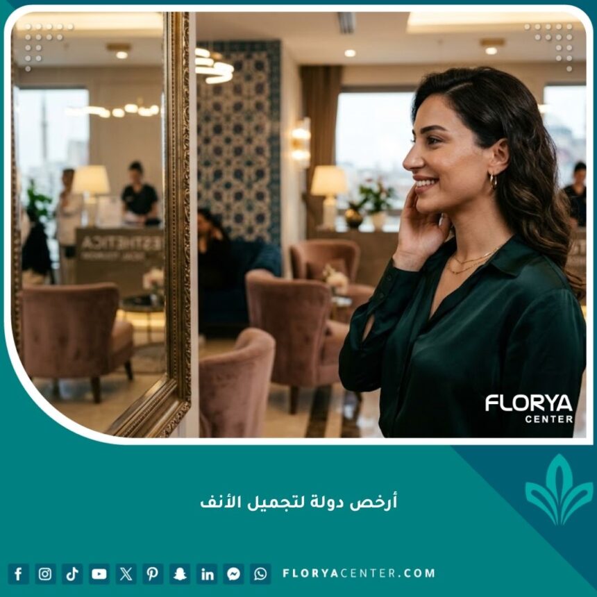 امرأة تنظر إلى أنفها بعد عملية تجميل ناجحة في أفضل وأرخص دول عمليات التجميل.