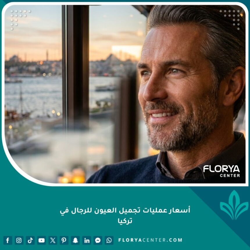 رجل واثق ذو ملامح رجولية بعد عملية تجميل العيون في تركيا، مع خلفية تطل على البوسفور.