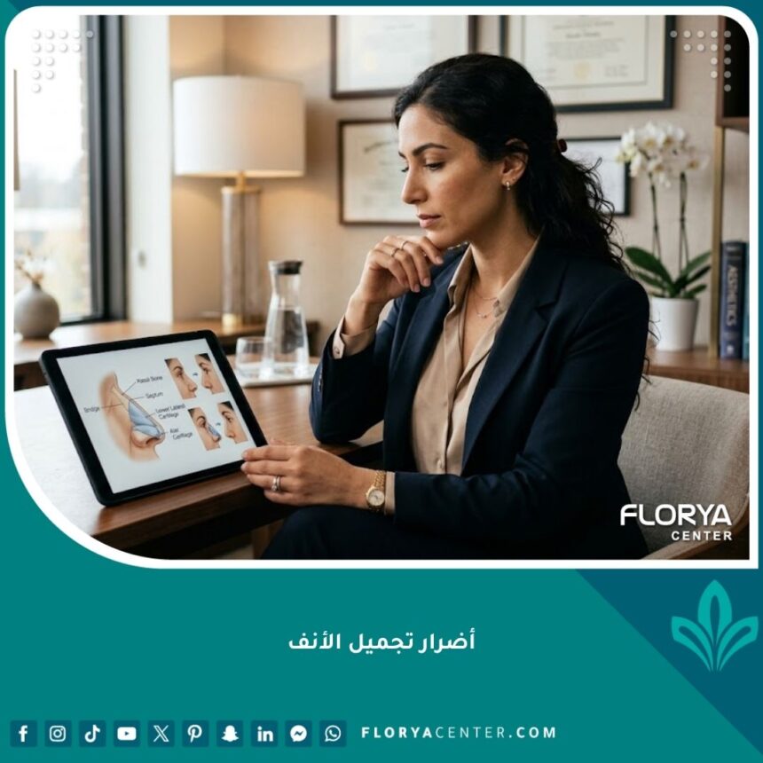 صورة سينمائية لامرأة تفكر في مخاطر عملية تجميل الأنف أثناء استشارة طبية.