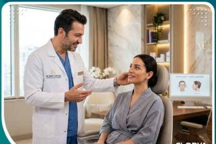 أفضل جراح تجميل أذن في تركيا يفحص مريضة في عيادة تجميل حديثة لضمان نتائج طبيعية.