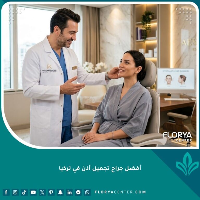 أفضل جراح تجميل أذن في تركيا يفحص مريضة في عيادة تجميل حديثة لضمان نتائج طبيعية.