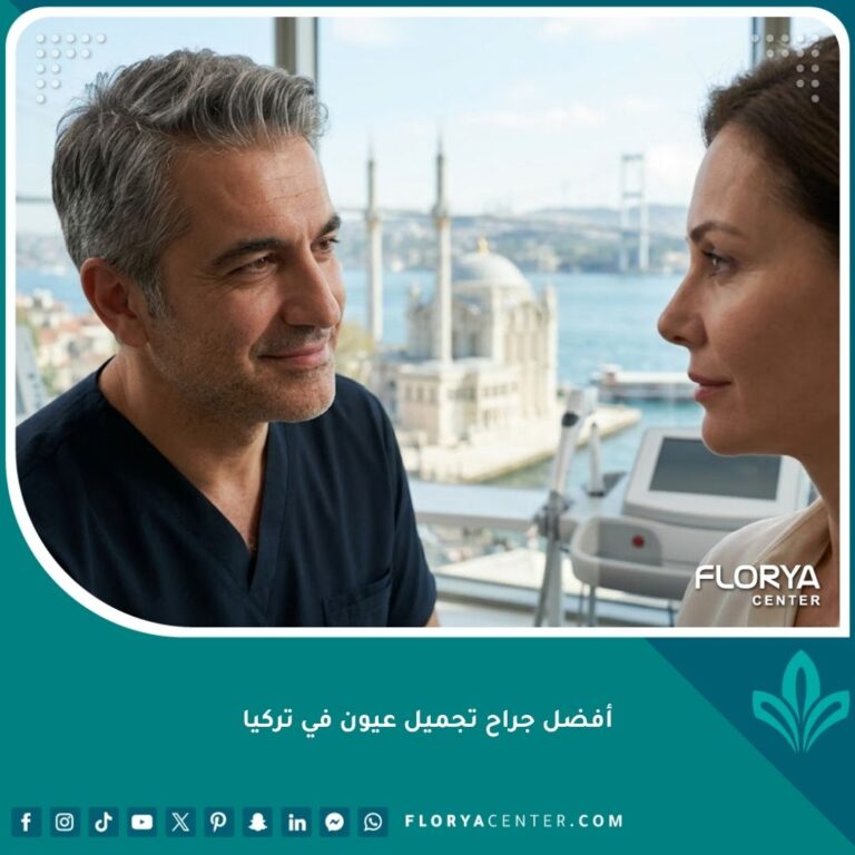 استشارة طبية دقيقة بين سيدة تبحث عن تجميل العيون وأفضل جراح تجميل عيون في تركيا، داخل عيادة حديثة تطل على البوسفور في اسطنبول.