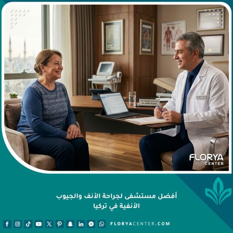 أفضل مستشفى لجراحة الأنف والجيوب الأنفية في تركيا، طبيب استشاري يتحدث مع مريض في عيادة طبية فاخرة.